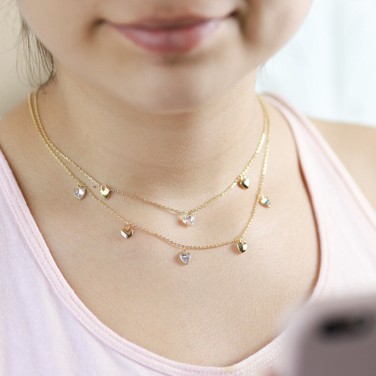 Collar strass corazones con puntos luz